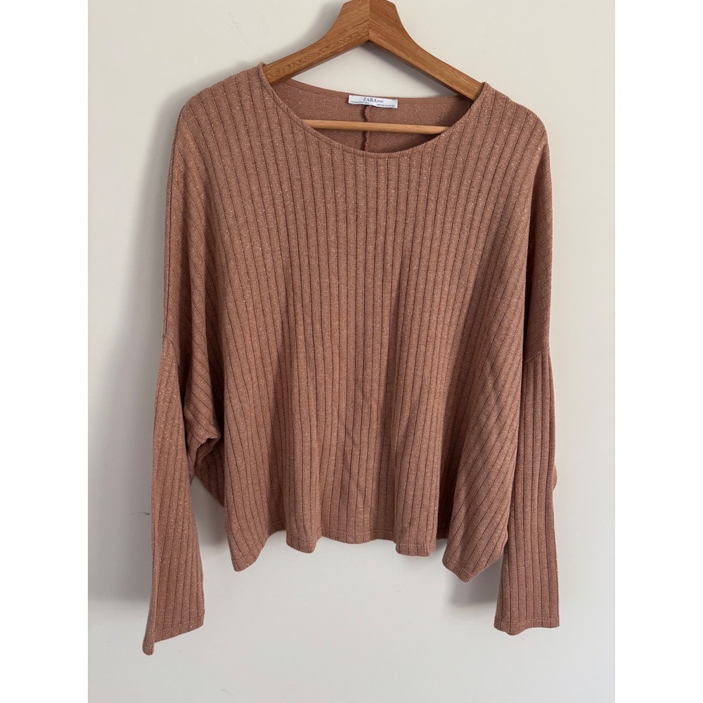 Zara Basic Ribbed Metallic Knit Oversized Sweater Mauve Rose Gold XL